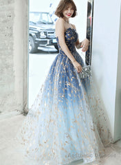 Blue Gradient Beaded A-line Floor Length Party Dress, Blue Tulle Prom Dress