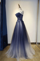 Blue Gradient Straps Tulle Long Party Dress with Lace Blue Junior Prom Dress prom dresses shops