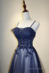Blue Gradient Straps Tulle Long Party Dress with Lace Blue Junior Prom Dress prom dresses shops