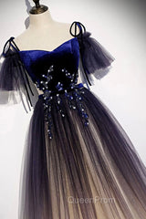 Blue Gradient Tulle Long Evening Dresses, Off the Shoulder Evening Graduation Dresses