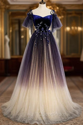 Blue Gradient Tulle Long Evening Dresses, Off the Shoulder Evening Graduation Dresses