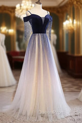Blue Gradient Tulle Long Party Dresses,A-line Off Shoulder Evening Dresses