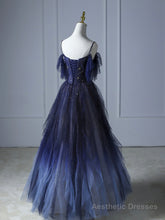 Blue Gradient Tulle Long Prom Dress,Beautiful Spaghetti Strap Celebrity Dresses