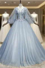 Blue Gray Tulle Flaying Sleeve Appliques Quinceanera Dresses