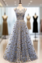 Blue Gray Tulle Gold Feather Strapless Evening Prom Dresses