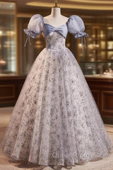Blue Gray Tulle Sequins Puff Sleeve Evening Prom Dresses