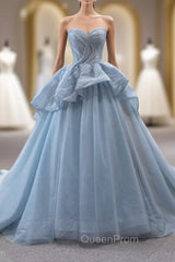 Blue Gray Tulle Sweetheart Pleats Evening Prom Dresses
