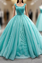 Blue Green Tulle Pleats Beading Pearls Evening Prom Dresses