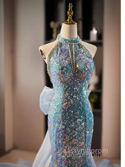 Blue Halter Beading Sequin Mermaid Evening Prom Dresses With Detachable Bow