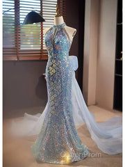 Blue Halter Beading Sequin Mermaid Evening Prom Dresses With Detachable Bow