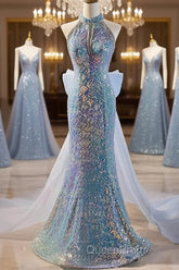 Blue Halter Beading Sequin Mermaid Evening Prom Dresses With Detachable Bow