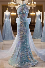 Blue Halter Beading Sequin Mermaid Evening Prom Dresses With Detachable Bow