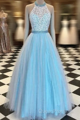 Blue High Neck Lace Tulle Long Evening Prom Dresses, Blue Evening Dresses
