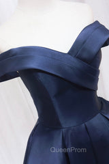 Blue Knee Length Satin Short Evening Prom Dresses, Off the Shoulder Blue Homecoming Dresses