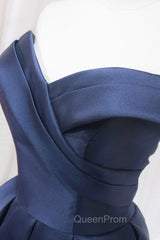 Blue Knee Length Satin Short Evening Prom Dresses, Off the Shoulder Blue Homecoming Dresses