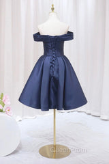 Blue Knee Length Satin Short Evening Prom Dresses, Off the Shoulder Blue Homecoming Dresses