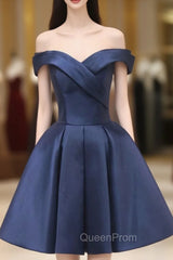 Blue Knee Length Satin Short Evening Prom Dresses, Off the Shoulder Blue Homecoming Dresses