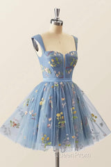 Blue Knee Length Tulle Party Dresses, Cute Blue Floral Tulle Homecoming Dresses