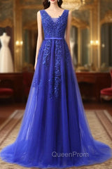 Blue Lace Beading Backless Evening Prom Dresses