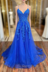 Blue Lace Long A-Line Evening Prom Dresses, Elegant V-Neck Evening Dresses