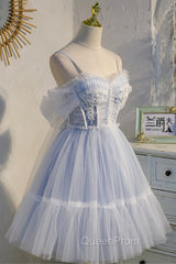 Blue Lace Short A-Line Evening Prom Dresses, Blue Spaghetti Straps Homecoming Party Dresses