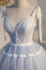 Blue Lace Short A-Line Evening Prom Dresses, Cute V-Neck Homecoming Party Dresses