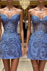 Blue Lace Short Evening Prom Dresses, Blue Homecoming Dresses