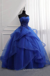 Blue Lace Strapless Ball Gown Evening Dresses, Blue Long Sweet 16 Dresses