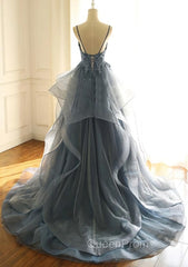 Blue Lace Top with Layers Tulle Evening Prom Dresses, New Straps Evening Gown