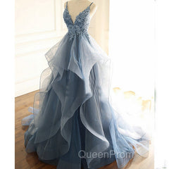 Blue Lace Top with Layers Tulle Evening Prom Dresses, New Straps Evening Gown