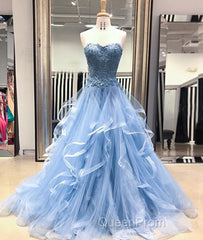 Blue Lace Tulle Long Evening Prom Dresses, Blue Lace Ball Gown, Blue Lace Formal Dresses, Evening Dresses