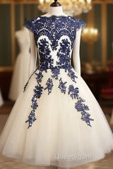 Blue Lace Tulle Short Evening Prom Dresses, Homecoming Dresses, Bridesmaid Dresses