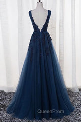 Blue Long A-line Bridesmaid Dresses, Dark Blue Tulle Party Dresses