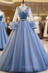Blue Long Sleeve Tulle Pleats Beading Quinceanera Dresses