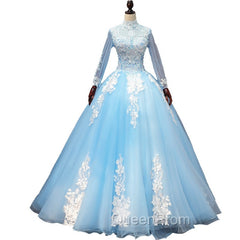 Blue Long Sleeves lace Tulle Sweet 16 Dresses, Light Blue Ball Gown Evening Dresses, Party Dresses