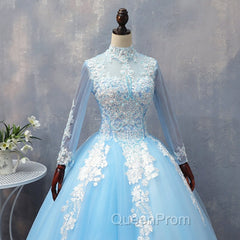 Blue Long Sleeves lace Tulle Sweet 16 Dresses, Light Blue Ball Gown Evening Dresses, Party Dresses