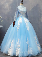 Blue Long Sleeves lace Tulle Sweet 16 Dresses, Light Blue Ball Gown Evening Dresses, Party Dresses