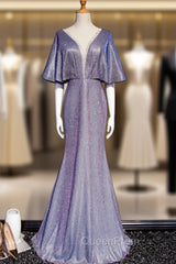 Blue Mermaid Bat Sleeve Beading Evening Prom Dresses