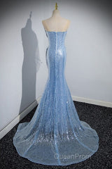 Blue Mermaid Sequin Sheer Straps Scalloped Long Evening Prom Dresses
