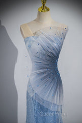 Blue Mermaid Sequin Sheer Straps Scalloped Long Evening Prom Dresses