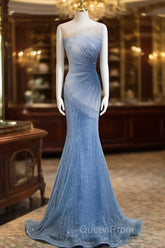 Blue Mermaid Sequin Sheer Straps Scalloped Long Evening Prom Dresses