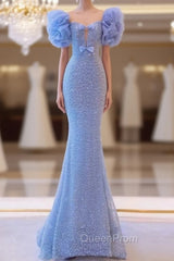 Blue Mermaid Sequins Bow Evening Prom Dresses