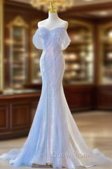 Blue Mermaid Sequins Pleats Evening Prom Dresses