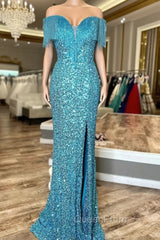 Blue Mermaid Sequins Straps Beading Split Evening Prom Dresses
