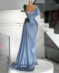 Blue Mermaid Sweetheart Satin Long Evening Prom Dresses Beaded One Shoulder Formal Evening Dresses