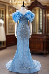 Blue Mermaid Tulle Sequins Off the Shoulder Evening Prom Dresses