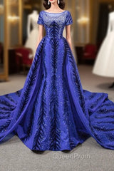 Blue Mermaid Velvet Backless Cap Sleeve Evening Prom Dresses With Removable Train