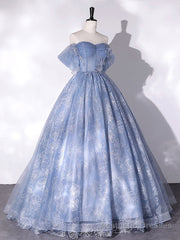 Blue Off Shoulder Ball Gown Floral Tulle Party Dress, Blue Sweet 16 Dress