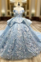 Blue Off Shoulder Ball Gown Evening Prom Dresses Sweet 16th Dresses