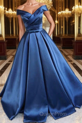 Blue Off Shoulder Satin Long Evening Prom Dresses, Off Shoulder Blue Formal Dresses, Ball Gown, Evening Dresses